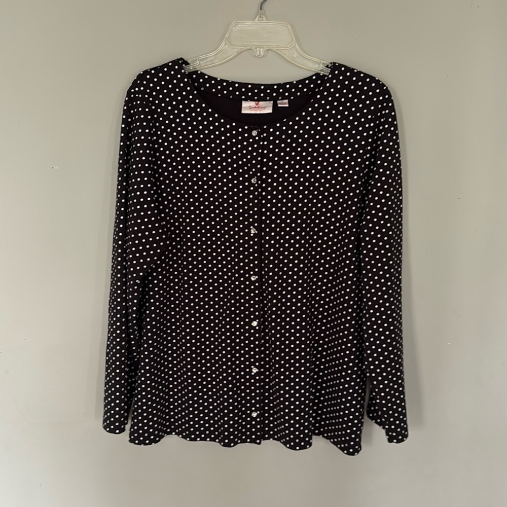 Quacker Factory women's black white polka dot rhinestone cardigan size L
